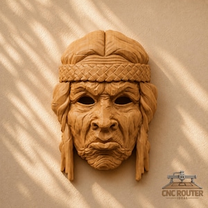 May include: A light brown wooden wall carving depicting a human face with deep-set eyes, a prominent nose, and a textured headband. The carving features intricate facial lines and hair details. The text CNC ROUTER IDEAS is visible at the bottom.