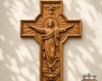 May include: A brown wooden wall cross featuring a carved relief of a figure with arms outstretched, a dove above, and a cherub below. The central figure is surrounded by sunburst rays. The text CNC ROUTER IDEAS is visible in the bottom right corner.