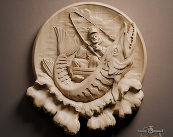 3D Fisherman & Big Fish Wood Carving STL File (Digital Download)