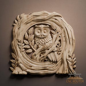 May include: A detailed wooden carving of an owl within a tree trunk frame. The owl has large, round eyes and detailed feathering. The natural wood colour and intricate carving create a rustic, artistic piece, perfect for home decor.