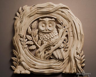 Owl in Forest Frame Relief – 3D Wood Carving STL File for CNC Router