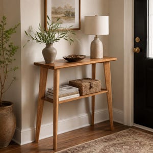 May include: A light brown wooden console table with a lower shelf. The table holds a lamp with a beige shade, a vase with greenery, and a decorative bowl. A woven basket and books are on the lower shelf. The table is 30 inches long.