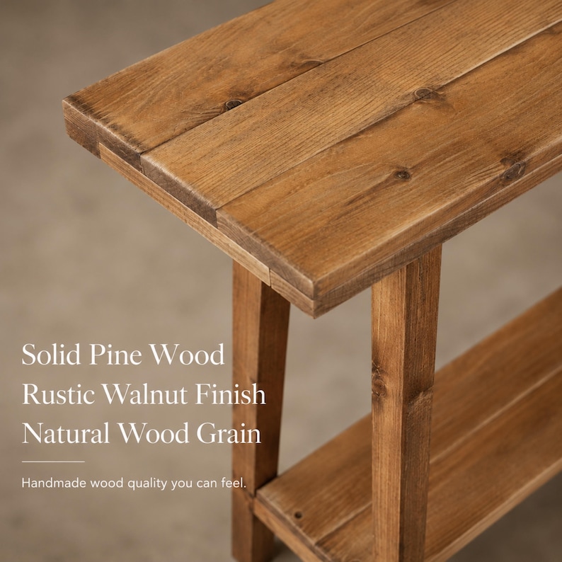 May include: A rectangular console table constructed from solid pine wood with a rustic walnut finish. The surface displays a visible natural wood grain pattern. Text on the image reads: Solid Pine Wood, Rustic Walnut Finish, Natural Wood Grain.