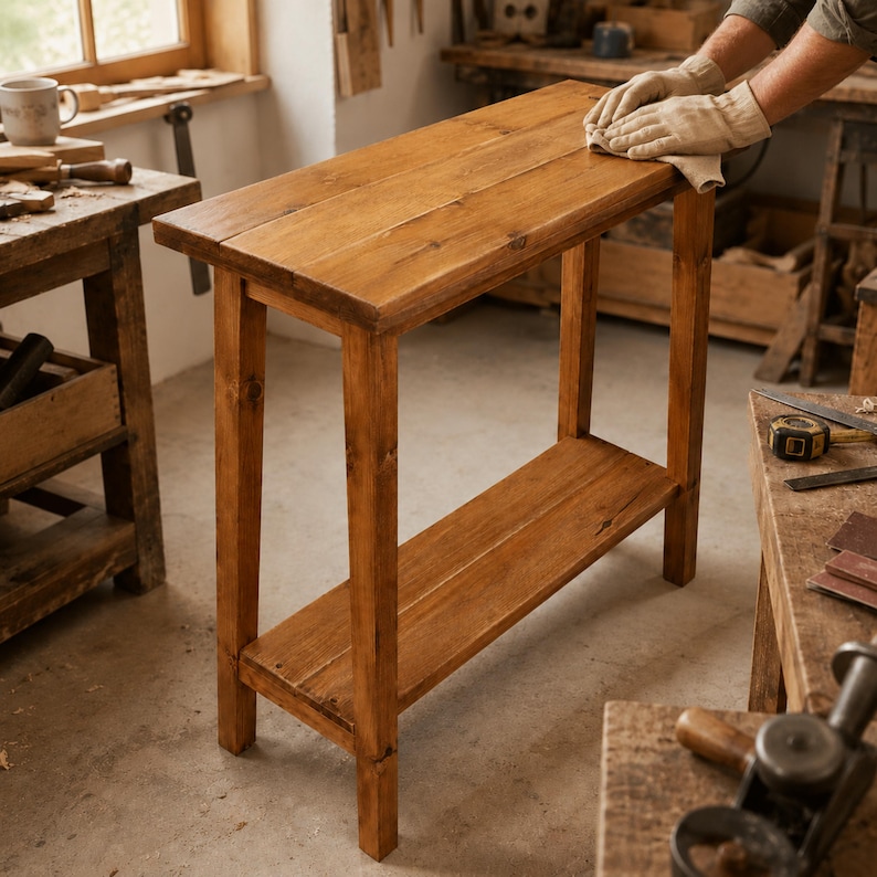 May include: A rectangular wooden console table with a warm brown finish, featuring a smooth top surface and a single lower shelf supported by four straight legs. The table is constructed from planks of wood with visible grain patterns.