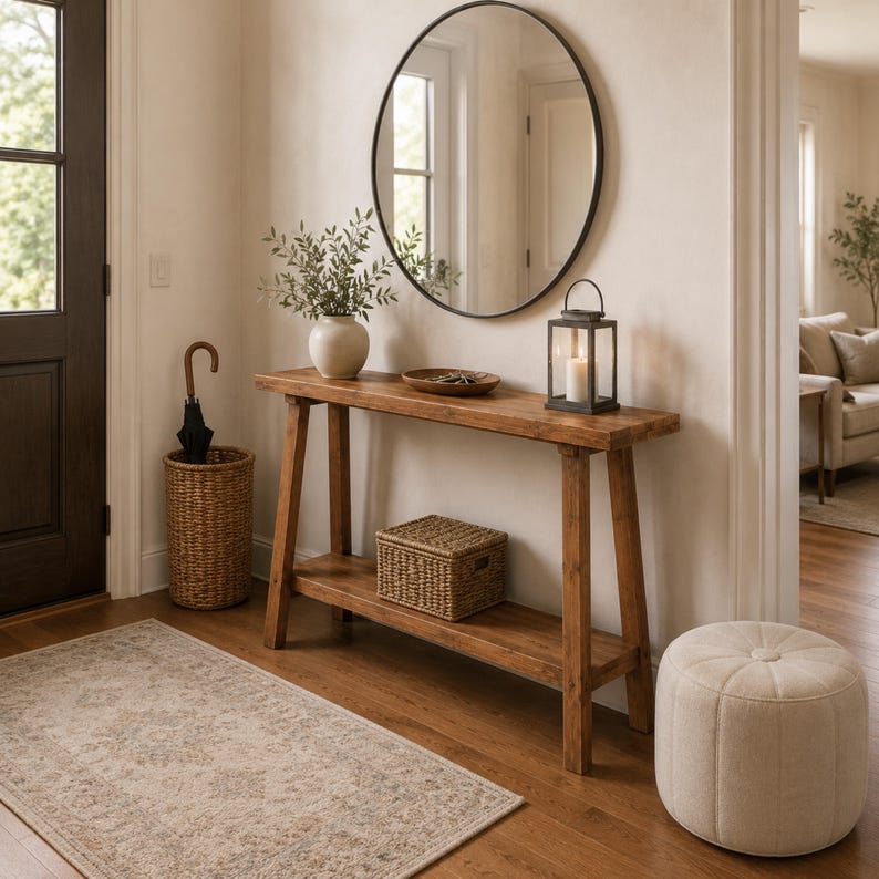 May include: A wooden console table with a lower shelf, featuring a round black-framed mirror above it. On the table sits a white vase with greenery, a small wooden bowl, and a black metal lantern. A woven basket holds an umbrella nearby.