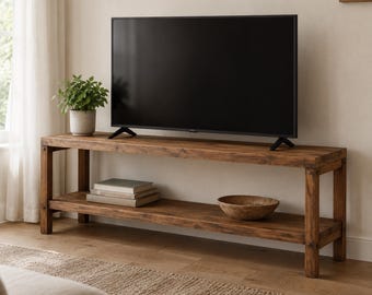 Wood TV Stand with Shelf, Rustic Walnut TV Unit