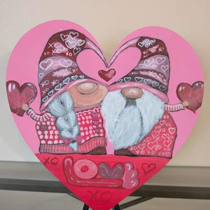 Valentine Gnome decor - Gnome Heart Painting - Girls Room Painting - Pink Heart Art - hand painted wood heart wall hanging, Gnome Art