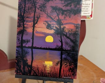 Purple Sunset painting sunset scene art sunset wall hanging   orange sunset art sun reflection painting sunset through the trees painting