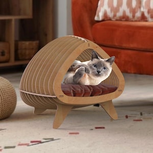 Maison de chat paramétrique et lit avec fichier de découpe laser de contreplaqué de lignes rondes, Dxf, modèle vectoriel, prêt à couper