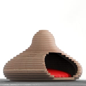 Casa paramétrica para gatos e cama com linhas redondas em madeira compensada, arquivo de corte CNC, Dxf, modelo vetorial, padrão pronto para corte svg download digital