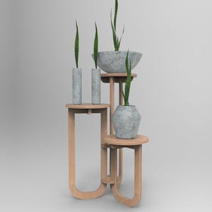 Drievoudige bloempotstandaards cnc-gesneden plan, standaard voor drie potplanten, bloempotsteun, decoratieve houten plantenverhogers, steunbestand voor planten