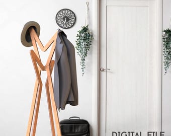 Coat Tree Hanger, Hat and bag hanger, Modern Standing Coat Racks, vector plans, Instant download, cnc file, pattern, decorative cloth hanger