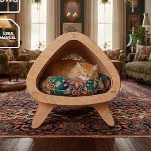 Maison de chat paramétrique et lit avec fichier de découpe laser de contreplaqué de lignes rondes, Dxf, modèle vectoriel, prêt à couper