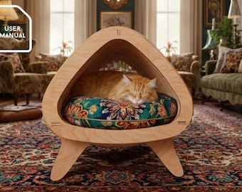 Parametric cat house and bed with round lines plywood laser cutting file, Dxf, Vector template, ready to cut