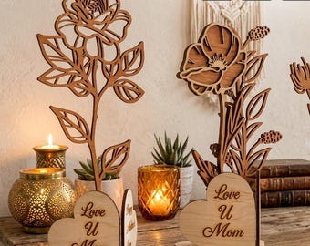 Mothers Day Gift Flower Stand Laser Cut File, Glowforge xTool SVG Personalized for Mom DXF Wildflower Heart Bouquet