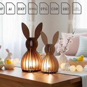 May include: Two wooden bunny-shaped lamps with glowing interiors sit on a wooden table, alongside Easter decorations. The lamps are brown with vertical slats, and the image includes the text "DIGITAL FILE" and file type icons.