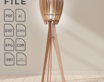Peut inclure: Un lampadaire en bois au design unique. L'abat-jour en bois clair est composé de lattes verticales, soutenu par un trépied. Un cordon d'alimentation rouge est visible. Le texte "DIGITAL FILE" et des icônes de type de fichier sont présents.