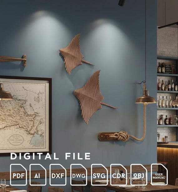 Parametric Home Wall Decoration Stingray Plywood, MDF CNC router and Laser Cut Digital Files dxf, svg pattern