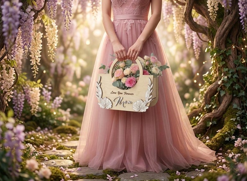 May include: A person in a pink dress holds a wooden basket filled with pink and white roses. The basket has the words "Love You Forever Mom" engraved on it. The background is a garden with purple flowers.