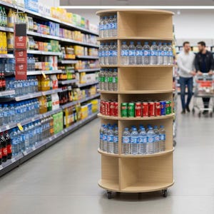 K&ouml;nnte beinhalten: Ein runder Displayst&auml;nder aus Holz in einem Supermarkt, gef&uuml;llt mit Wasserflaschen und Getr&auml;nkedosen. Der St&auml;nder hat mehrere Regale und befindet sich im Gang. Im Hintergrund sind weitere Regale mit Produkten zu sehen.