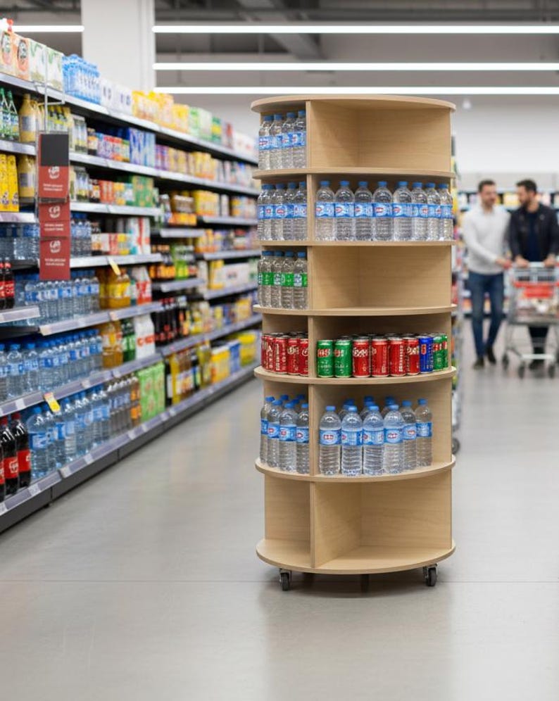 K&ouml;nnte beinhalten: Ein runder Displayst&auml;nder aus Holz in einem Supermarkt, gef&uuml;llt mit Wasserflaschen und Getr&auml;nkedosen. Der St&auml;nder hat mehrere Regale und befindet sich im Gang. Im Hintergrund sind weitere Regale mit Produkten zu sehen.