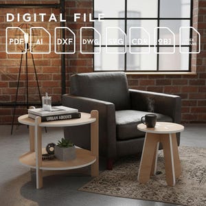 May include: A contemporary living room with a grey armchair, two light wood side tables, and a small stool. The tables display books, a plant, and a coffee cup. The text "DIGITAL FILE" and file type icons are at the top.