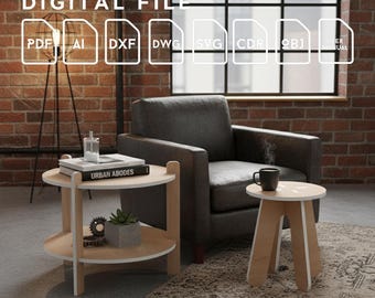 Può includere: Una scena di soggiorno moderno con una poltrona grigia, due tavolini in legno chiaro e uno sgabello. I tavoli contengono libri, una pianta e una tazza di caffè. Il testo "DIGITAL FILE" e le icone dei tipi di file sono in alto.