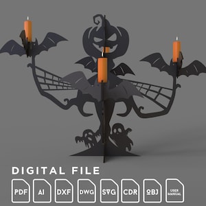 Halloween Candlestick Pumpkin Candelabra Scary Candle Holder Bat Decoration SVG Laser Cut File DXF Pattern