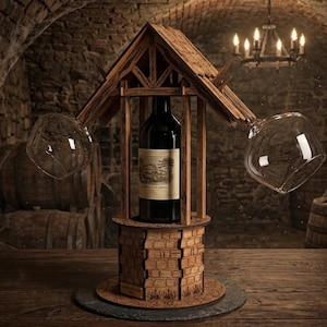 Könnte beinhalten: Ein Weinflaschenhalter aus Holz in Form eines Brunnens, mit zwei Weingläsern und einer Weinflasche. Der Brunnen ist aus Holz und hat ein steinartiges Aussehen. Der Hintergrund ist ein schwach beleuchteter Weinkeller.