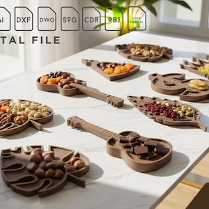 Könnte beinhalten: Eine Sammlung brauner Holzserviertabletts in verschiedenen Formen, darunter Gitarren, Blätter und geometrische Designs. Jedes Tablett ist mit verschiedenen Snacks wie Nüssen, Trockenfrüchten und Schokoladenstücken gefüllt. Der Text "DIGITAL FILE" ist sichtbar.