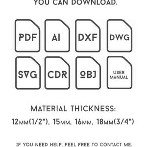 K&ouml;nnte beinhalten: Wei&szlig;es Grafikdesign mit Dateityp-Symbolen: PDF, AI, DXF, DWG, SVG, CDR, OBJ und einer Bedienungsanleitung. Text: &bdquo;ES IST NICHT DAS ECHTE PRODUKT, ES IST DIE DATEI, DIE SIE HERUNTERLADEN K&Ouml;NNEN.&ldquo; Materialst&auml;rke: 12 mm (1/2"), 15 mm, 16 mm, 18 mm (3/4").