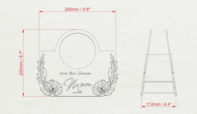 May include: A laser-cut wooden sign with the word "Mom" and the phrase "Love You Forever". The sign has a circular opening and floral and leaf accents. Dimensions are 9.8" wide, 8.7" high, and 4.4" deep.