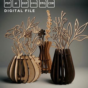 May include: Wooden laser-cut vases with floral designs. The vases are in various shades of brown and beige, with intricate cut-out patterns. The text "DIGITAL FILE" is at the top, with file type icons.