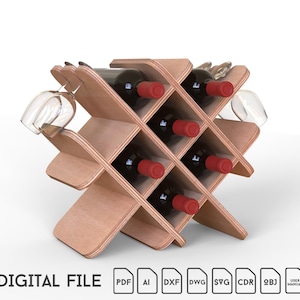 Wine bottle rack shelf laser cut svg file wooden Glowforge bottle stand holder svg pattern dxf cnc cut vector template with wine glass