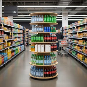 K&ouml;nnte beinhalten: Ein mehrst&ouml;ckiger Holzst&auml;nder in einem Supermarkt, gef&uuml;llt mit verschiedenen Getr&auml;nken. Der St&auml;nder enth&auml;lt Mineralwasser, Limonaden und S&auml;fte. Regale mit verpackten Lebensmitteln s&auml;umen die G&auml;nge. Eine Person mit einem Einkaufswagen ist im Hintergrund zu sehen.