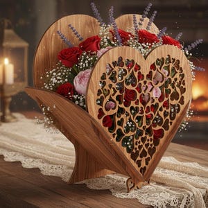 Mors dag-hjärtkorg laserskuren fil | Mammablommapresent SVG | CNC DXF | Glowforge & xTool Ready