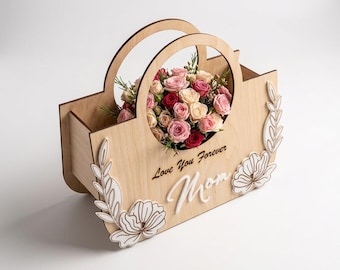 Mother's day bag gift SVG, Flower basket laser cut files, Wooden purse for women, Moms handbag, Rose box DXF