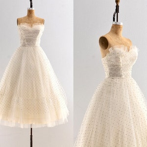 vintage 1950s dress - wedding dress / silver speckled dress / tulle dress