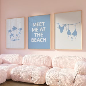 Coastal Beach Print Set Of 3 Printable Wall Art, Light Blue Surf Beach Poster, Trendy Beachy Wall Art, Dopamine Decor, Girly Apartment Decor