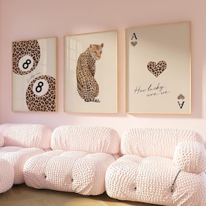 Leopard Cheetah Print Set Of 3 Printable Wall Art, Trendy 8 Ball Cheetah Print, Ace Of Hearts Card, How Lucky Are We Print, Retro Home Decor