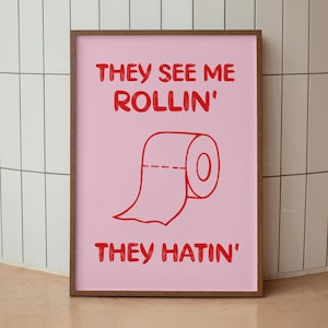 Op de afbeelding: Een roze ingelijste print met de tekst "They see me rollin'" en "They hatin'" in rood. Een cartoontekening van een toiletrol bevindt zich in het midden van de print.