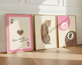 Juego de 3 piezas de arte mural con estampado de leopardo, decoración retro de cartas de ases, estampado de guepardo en bola 8 (descarga digital)
