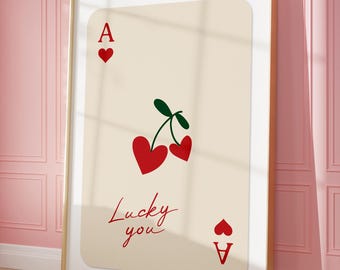 Impresión de cereza del as de corazones, póster retro "Lucky You" (descarga digital)
