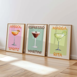 Juego de 3 impresiones de cócteles para pared, impresiones de Aperol Spritz Espresso Martini Margarita, decoración de carrito de bar de moda, decoración de cocina retro