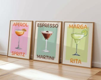 Láminas de cócteles: Aperol Spritz, Martini, Margarita, decoración para carrito de bar (descarga digital)