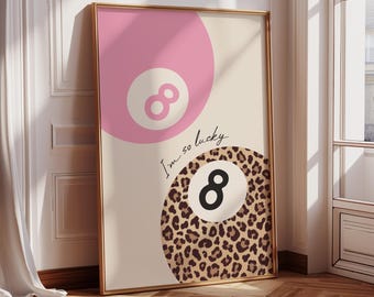 Leopard Lucky 8 Pool Ball Print, Retro Pink Cheetah Girly Wall Art (Digital Download)