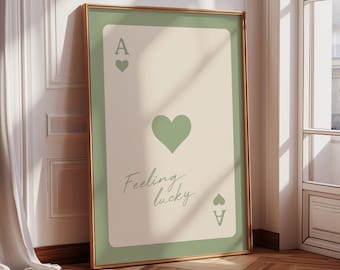 Impresión de as de corazones verde salvia, arte de pared retro preppy (descarga digital)
