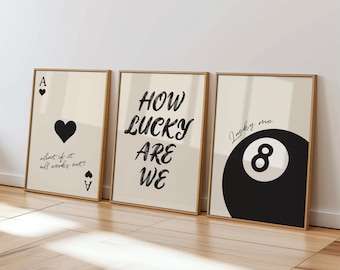 Juego de 3 impresiones de arte mural "Qué suerte tenemos", con una carta del as y una bola 8 (descarga digital)