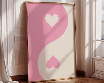 Impresión de corazón Yin Yang, decoración rosa para dormitorio preppy (descarga digital)