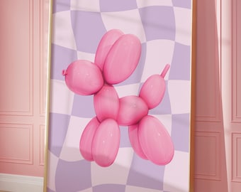 Lámina artística de perro con globo rosa, decoración moderna para dormitorio (descarga digital)